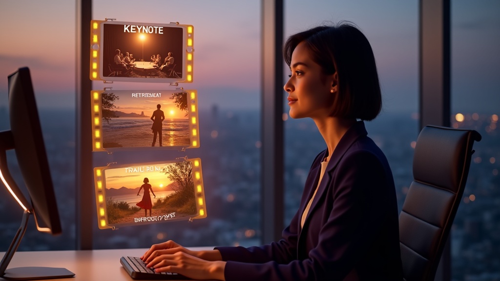 A person at their desk, surrounded by floating film frames showing scenes from their designed life